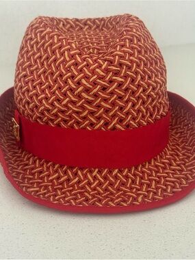 Tory Burch Lobster Red and Natural Woven Straw Fedora with Red Ribbon